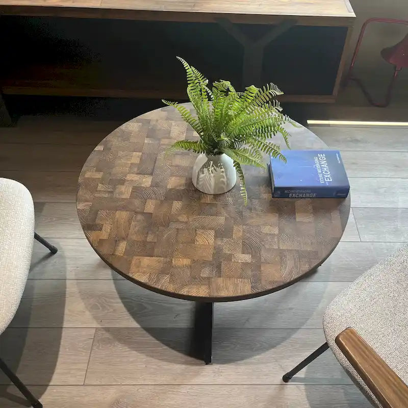 Table basse ronde en bois imitation grain de bois et métal noir
