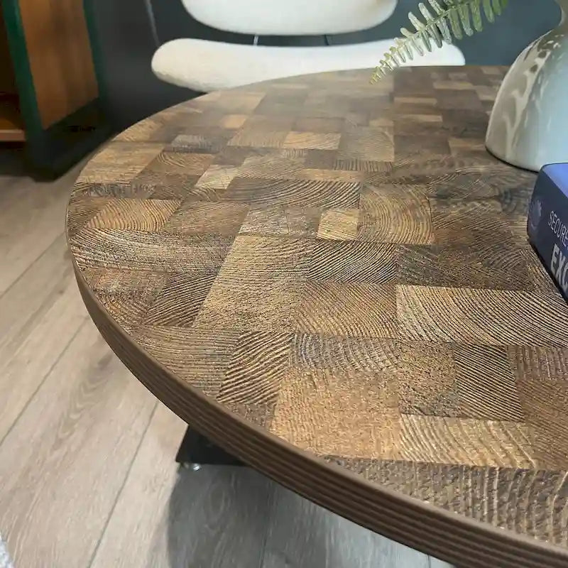 Table basse ronde en bois imitation grain de bois et métal noir