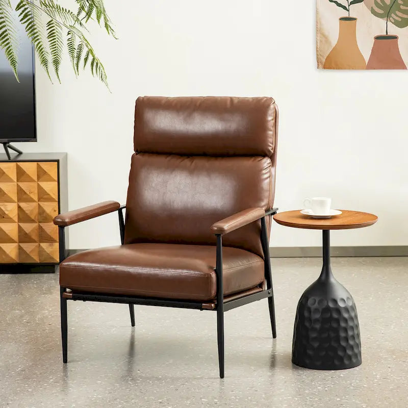 33.75W Mid-Century-Moderner Sessel aus Kunstleder mit hoher Rückenlehne und gepolsterten Armlehnen - 33.75 W x 39.5 H x 28 D