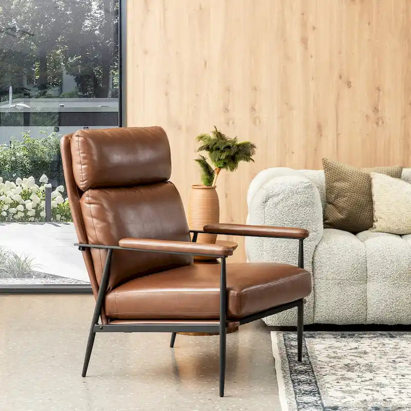 33.75W Mid-Century Modern Leatherette Armchair With High Back and Padded Arms - 33.75 W x 39.5 H x 28 D