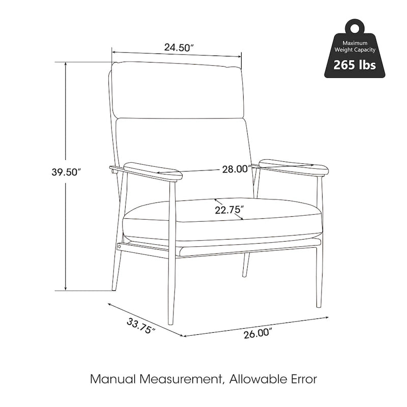 33.75W Mid-Century Modern Leatherette Armchair With High Back and Padded Arms - 33.75 W x 39.5 H x 28 D