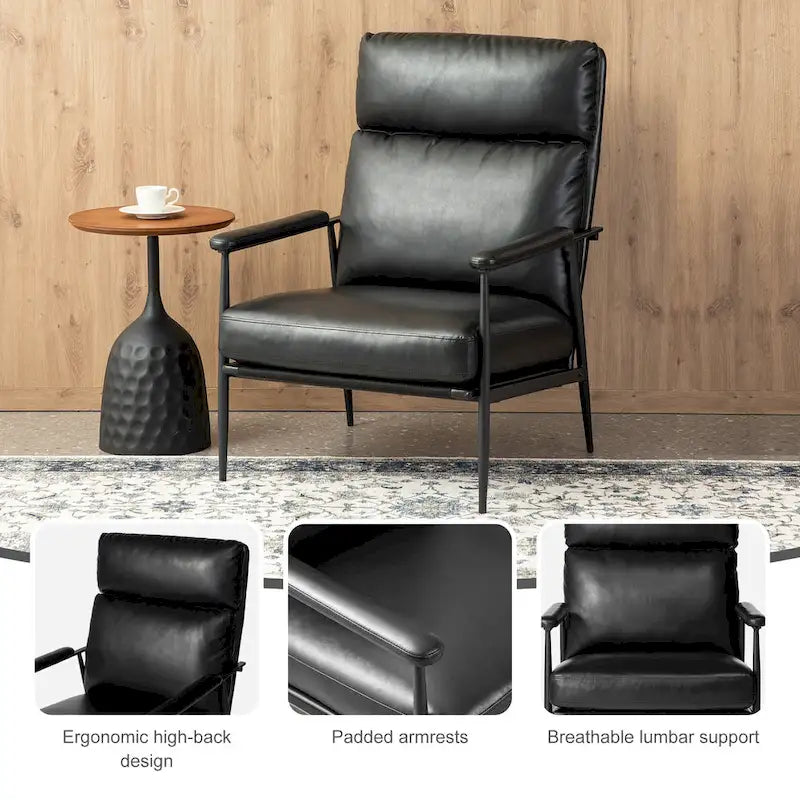 33.75W Mid-Century Modern Leatherette Armchair With High Back and Padded Arms - 33.75 W x 39.5 H x 28 D