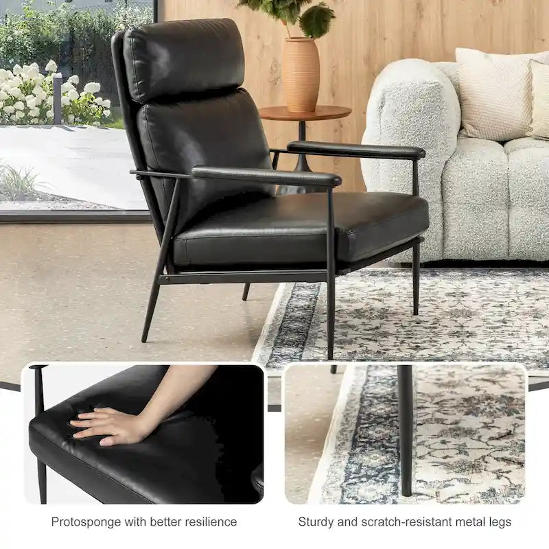 33.75W Mid-Century Modern Leatherette Armchair With High Back and Padded Arms - 33.75 W x 39.5 H x 28 D