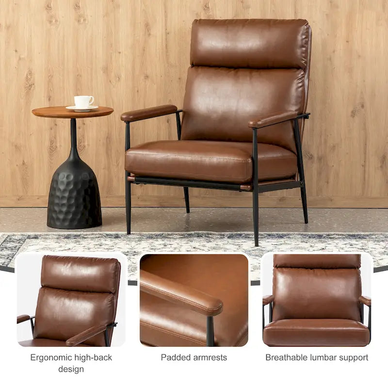 33.75W Mid-Century Modern Leatherette Armchair With High Back and Padded Arms - 33.75 W x 39.5 H x 28 D