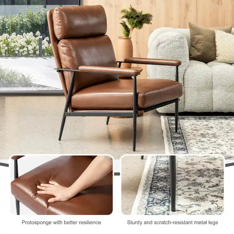 33.75W Mid-Century Modern Leatherette Armchair With High Back and Padded Arms - 33.75 W x 39.5 H x 28 D