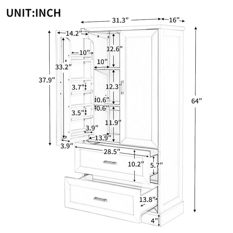 Tall Bathroom Storage Cabinet Cabinet with Two Doors and Drawers Adjustable Shelf MDF Board