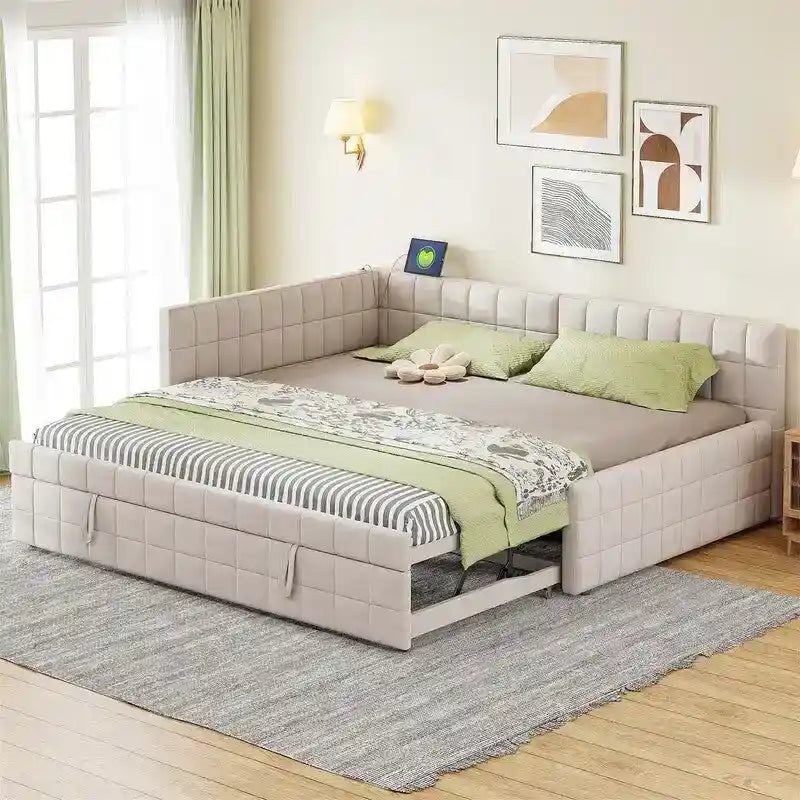 Full Size Upholstered Daybed with Twin Size Pop Up Trundle and USB Ports, Modern Daybed Frame Sofa Bed with L-Shaped Backrest