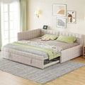 Full Size Upholstered Daybed with Twin Size Pop Up Trundle and USB Ports, Modern Daybed Frame Sofa Bed with L-Shaped Backrest