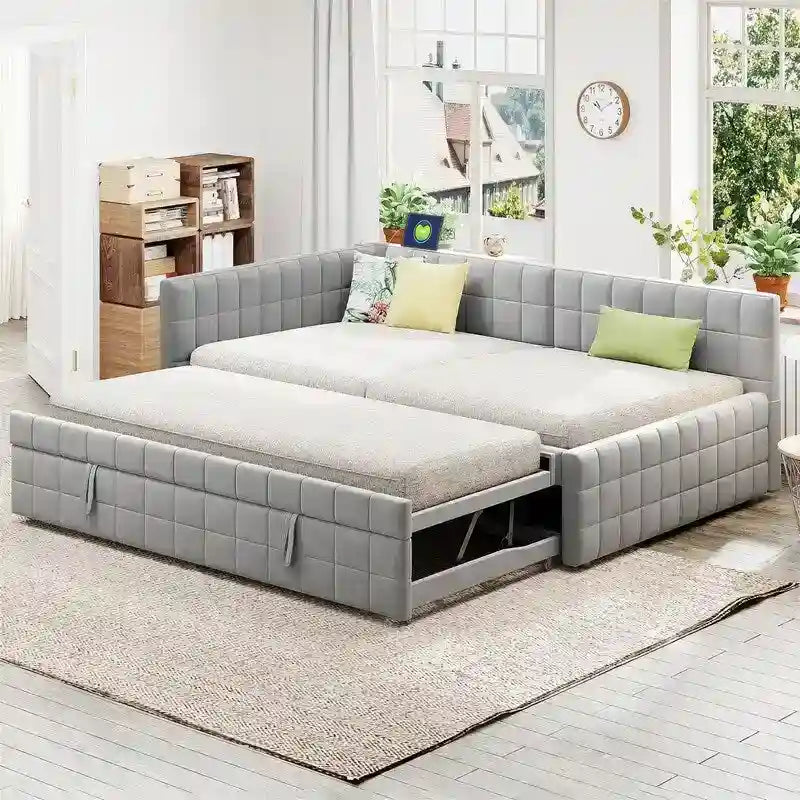 Gepolsterte Liege in voller Größe mit ausziehbarem Pop-up-Bett in Twin-Größe und USB-Anschlüssen, modernes Liegenbett-Sofabett mit L-förmiger Rückenlehne