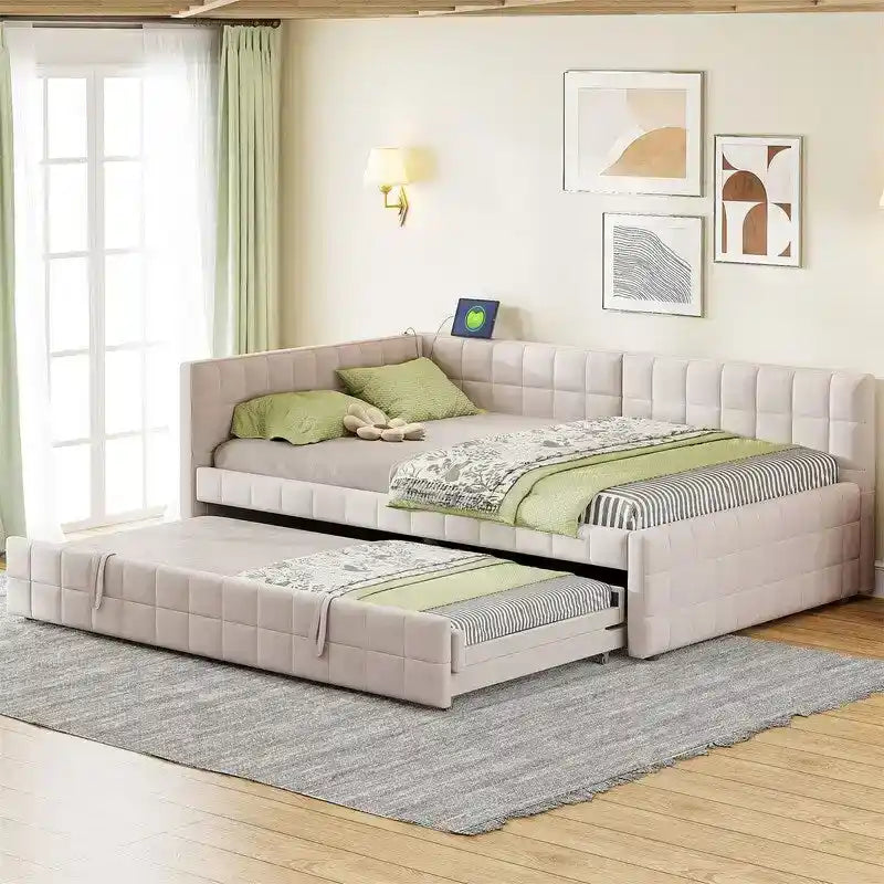 Gepolsterte Liege in voller Größe mit ausziehbarem Pop-up-Bett in Twin-Größe und USB-Anschlüssen, modernes Liegenbett-Sofabett mit L-förmiger Rückenlehne