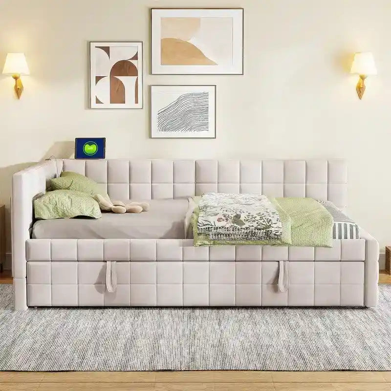 Full Size Upholstered Daybed with Twin Size Pop Up Trundle and USB Ports, Modern Daybed Frame Sofa Bed with L-Shaped Backrest