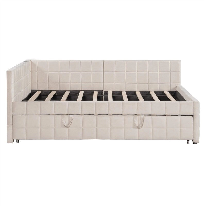 Full Size Upholstered Daybed with Twin Size Pop Up Trundle and USB Ports, Modern Daybed Frame Sofa Bed with L-Shaped Backrest