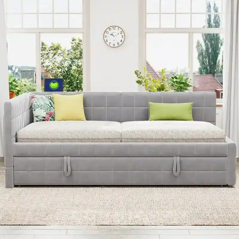 Full Size Upholstered Daybed with Twin Size Pop Up Trundle and USB Ports, Modern Daybed Frame Sofa Bed with L-Shaped Backrest