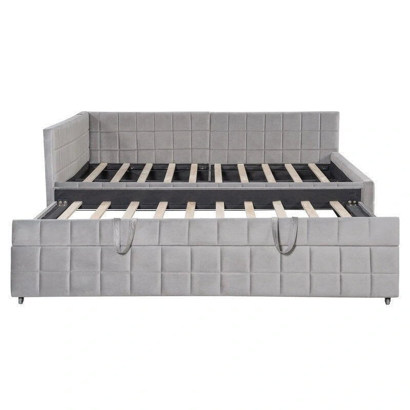 Full Size Upholstered Daybed with Twin Size Pop Up Trundle and USB Ports, Modern Daybed Frame Sofa Bed with L-Shaped Backrest