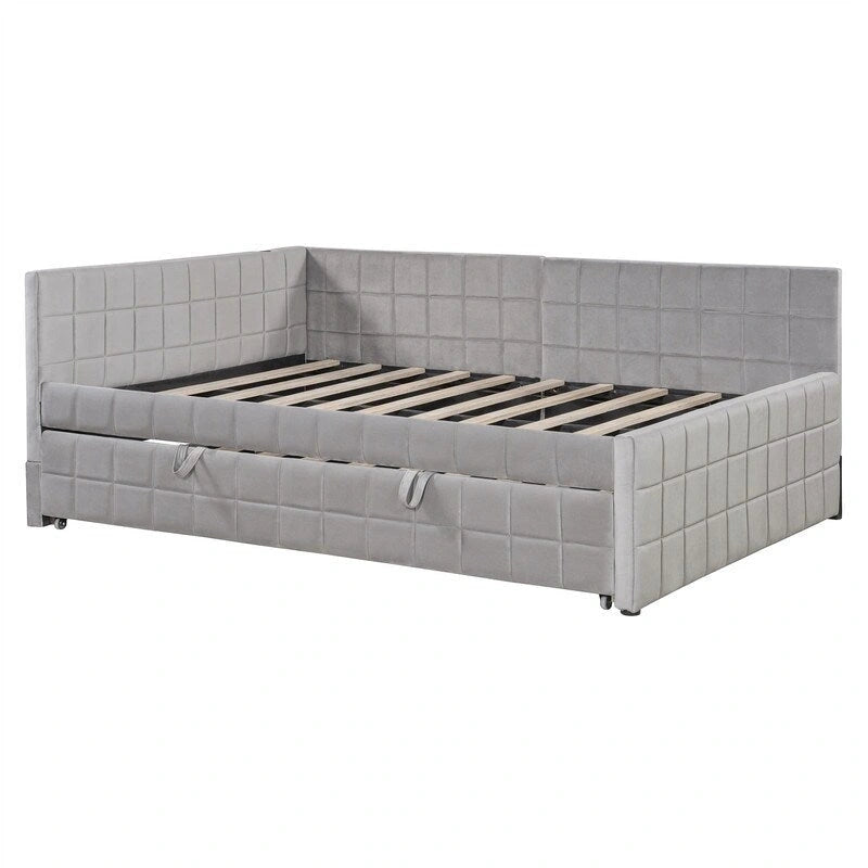 Full Size Upholstered Daybed with Twin Size Pop Up Trundle and USB Ports, Modern Daybed Frame Sofa Bed with L-Shaped Backrest