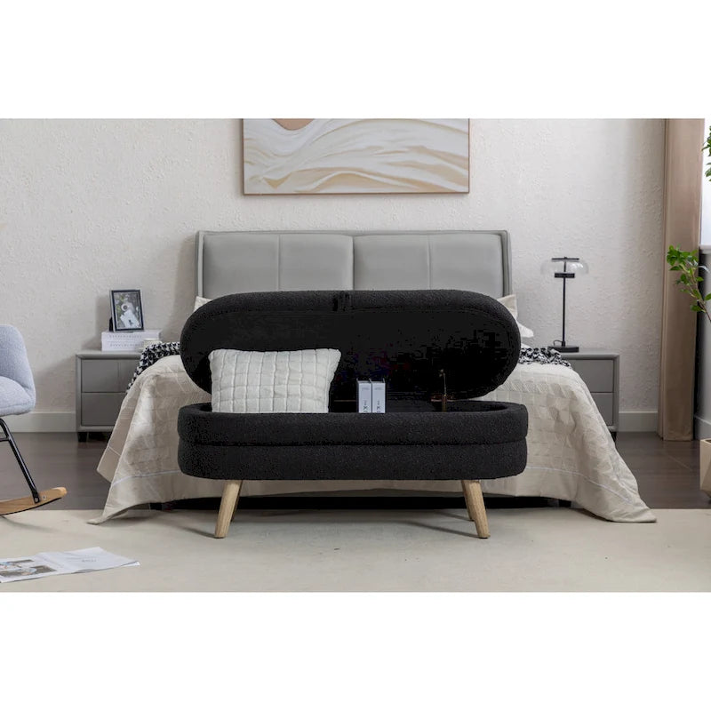 Banc ottoman de rangement avec pieds en bois, banc ottoman ovale au pied du lit pour intérieur avec patins réglables pour salon