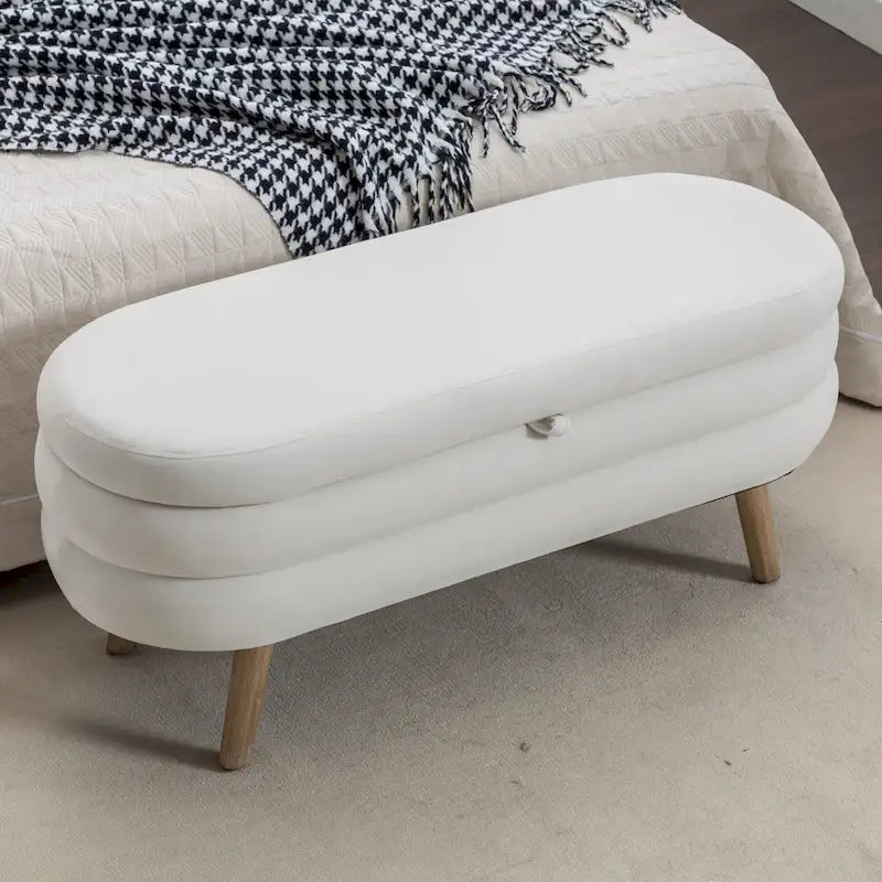 Banc ottoman de rangement avec pieds en bois, banc ottoman ovale au pied du lit pour intérieur avec patins réglables pour salon