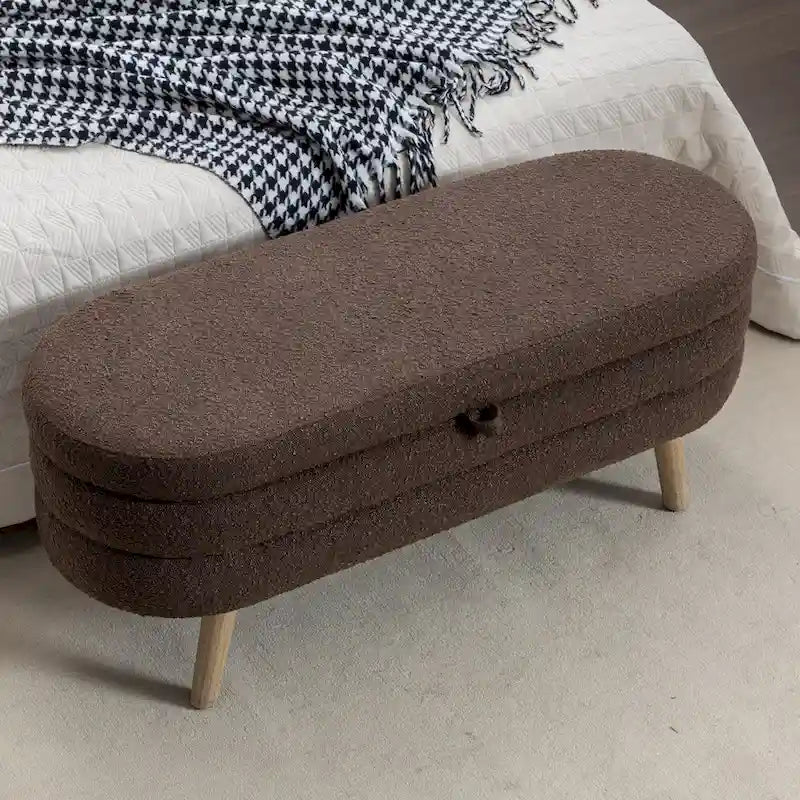 Banc ottoman de rangement avec pieds en bois, banc ottoman ovale au pied du lit pour intérieur avec patins réglables pour salon