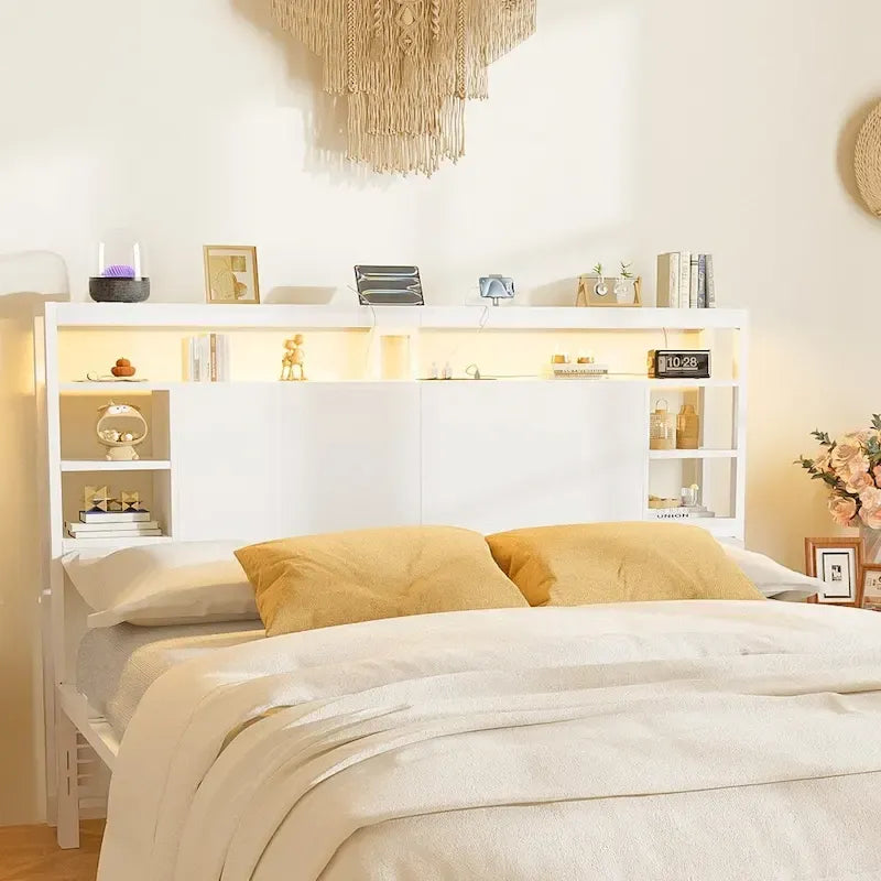 Têtes de lit avec étagères de rangement, prise électrique et éclairage LED pour cadre de lit