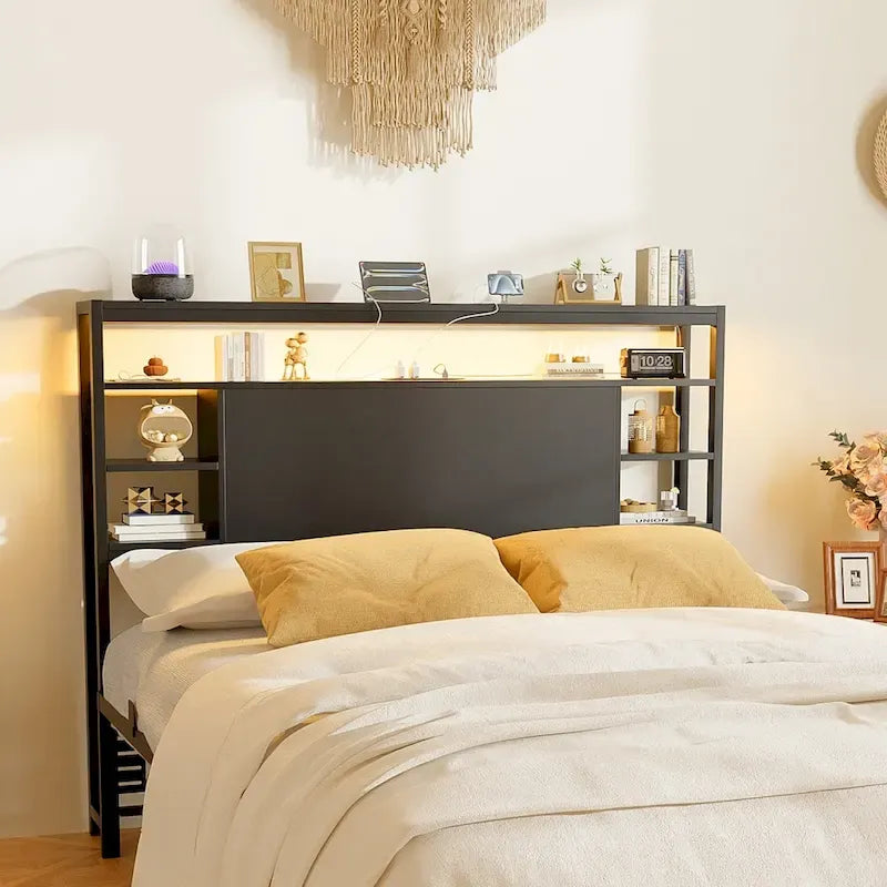 Têtes de lit avec étagères de rangement, prise électrique et éclairage LED pour cadre de lit