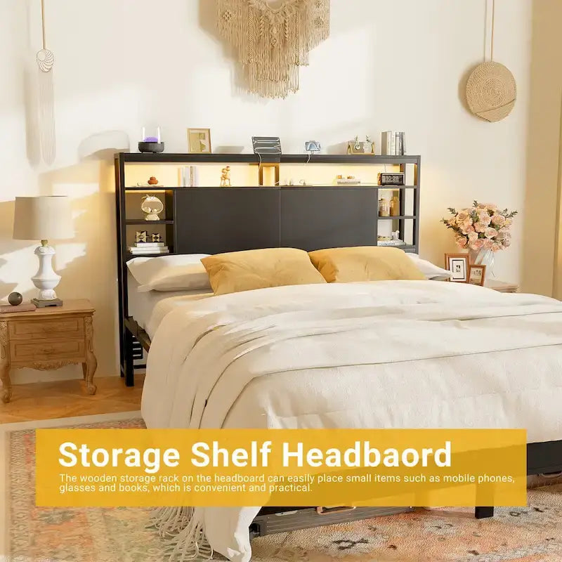 Headboards with Storage Shelves, Head Board with Power Outlet and LED Light for Bed Frame