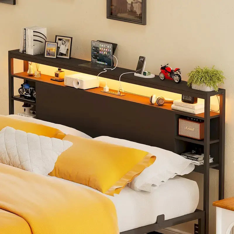 Headboards with Storage Shelves, Head Board with Power Outlet and LED Light for Bed Frame