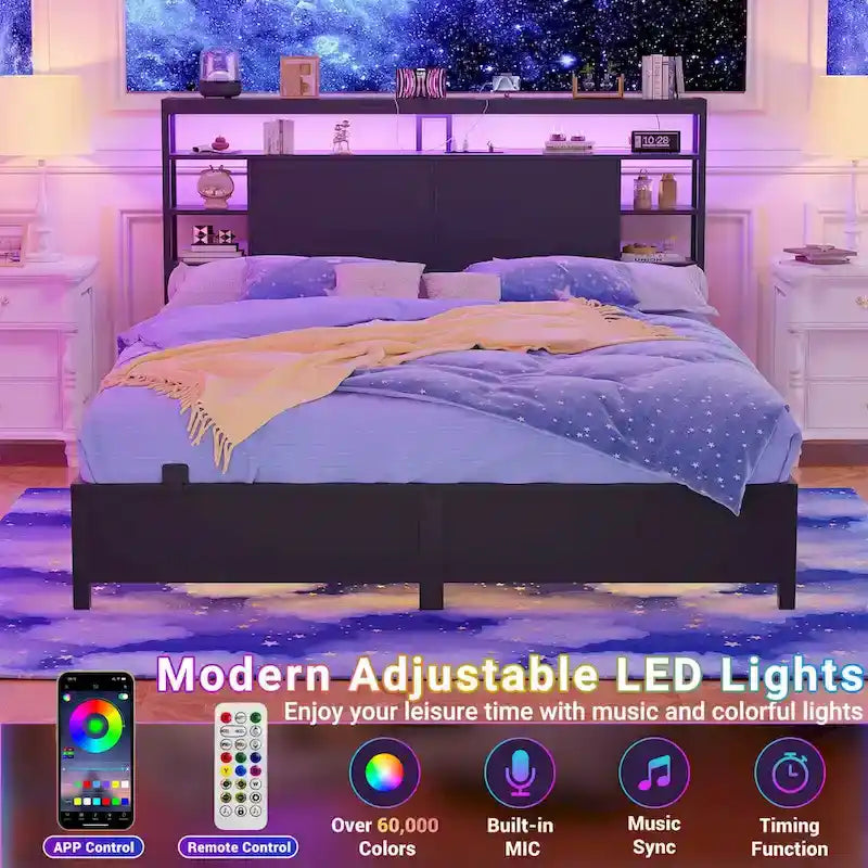 Headboards with Storage Shelves, Head Board with Power Outlet and LED Light for Bed Frame