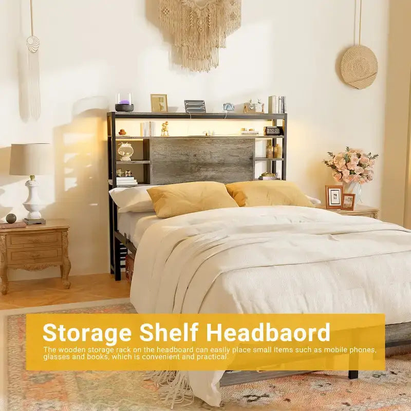 Headboards with Storage Shelves, Head Board with Power Outlet and LED Light for Bed Frame