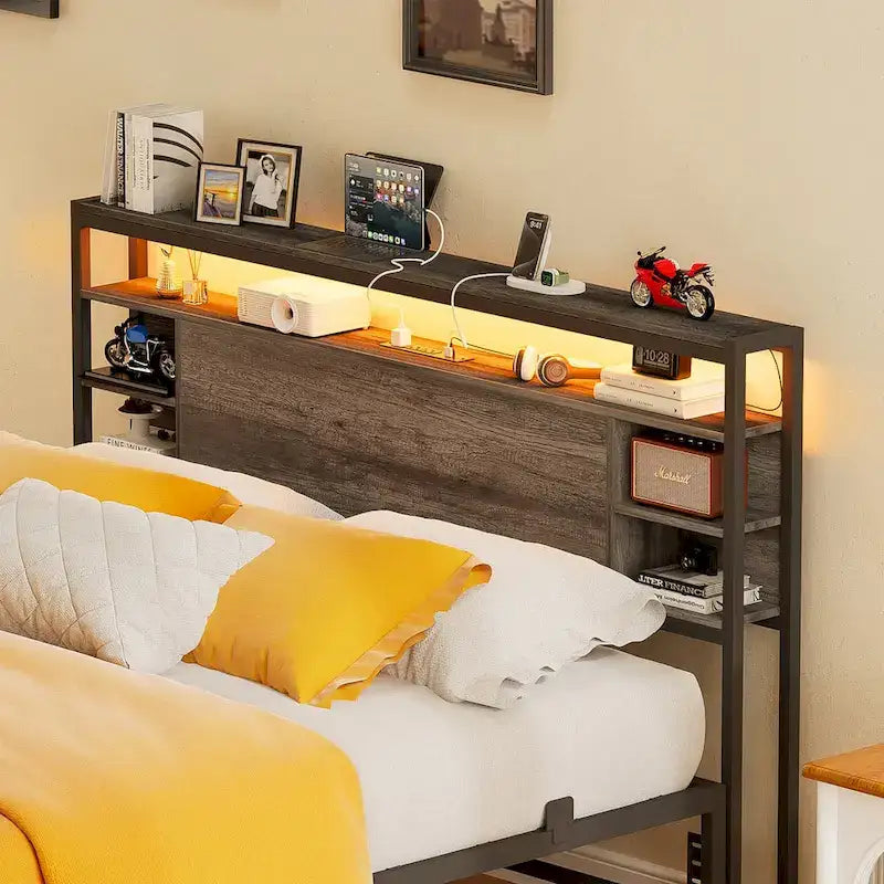 Headboards with Storage Shelves, Head Board with Power Outlet and LED Light for Bed Frame