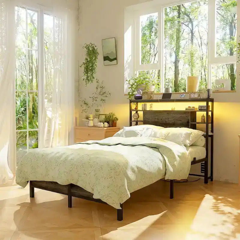 Headboards with Storage Shelves, Head Board with Power Outlet and LED Light for Bed Frame