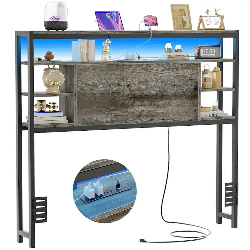 Headboards with Storage Shelves, Head Board with Power Outlet and LED Light for Bed Frame