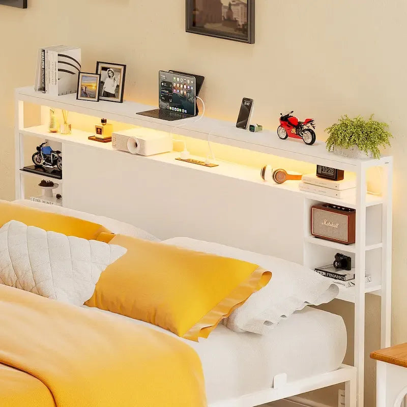 Headboards with Storage Shelves, Head Board with Power Outlet and LED Light for Bed Frame