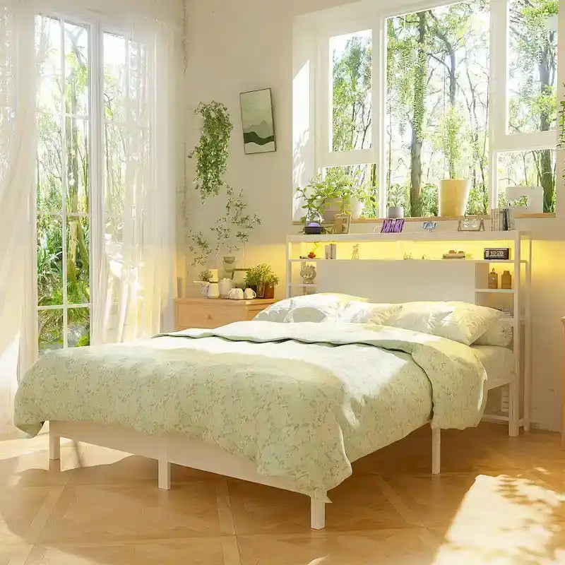 Headboards with Storage Shelves, Head Board with Power Outlet and LED Light for Bed Frame