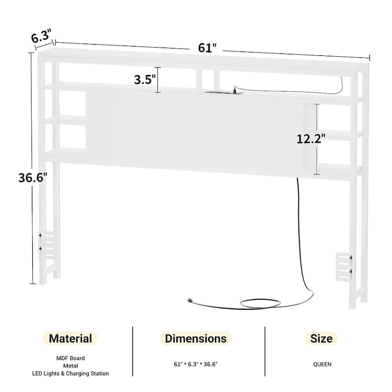 Headboards with Storage Shelves, Head Board with Power Outlet and LED Light for Bed Frame