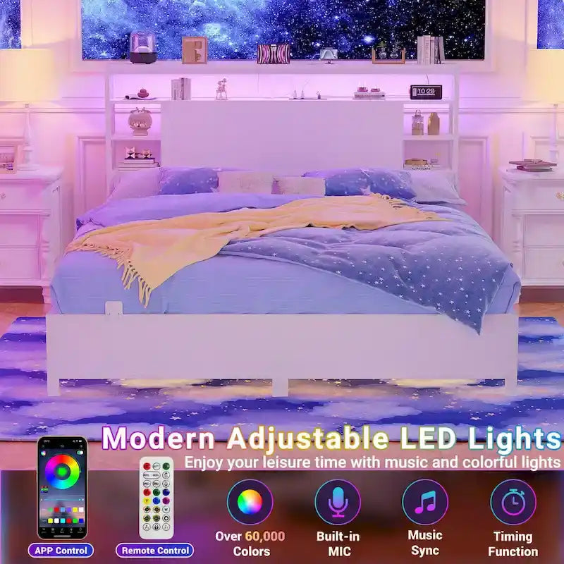 Headboards with Storage Shelves, Head Board with Power Outlet and LED Light for Bed Frame