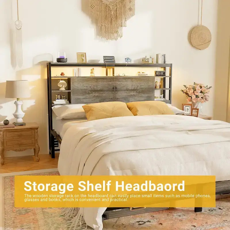 Headboards with Storage Shelves, Head Board with Power Outlet and LED Light for Bed Frame