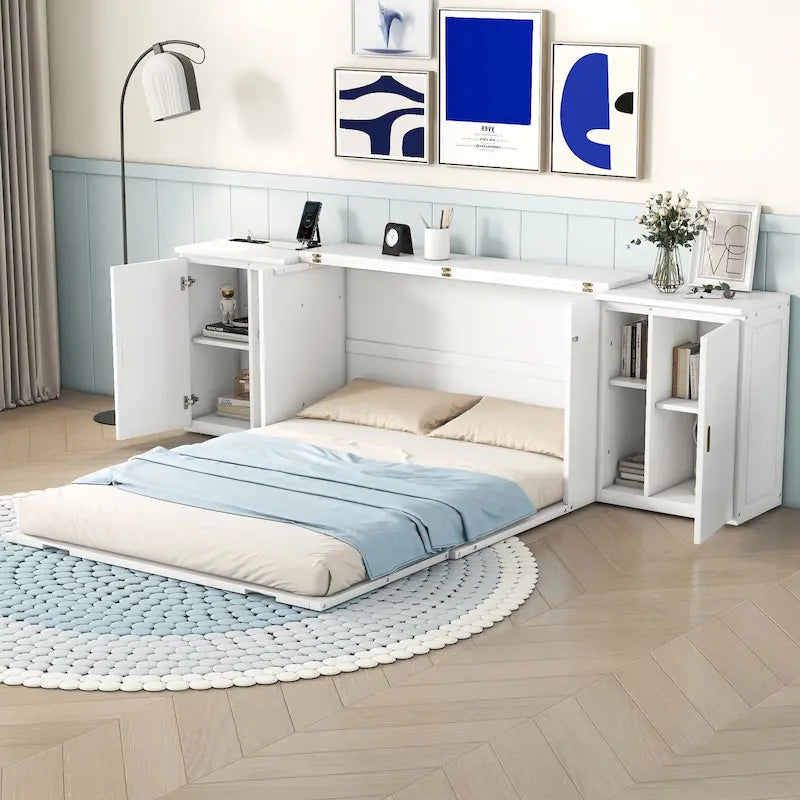 Weißes Murphy-Bett in Queen-Size mit Regalen, Schränken und USB-Anschlüssen