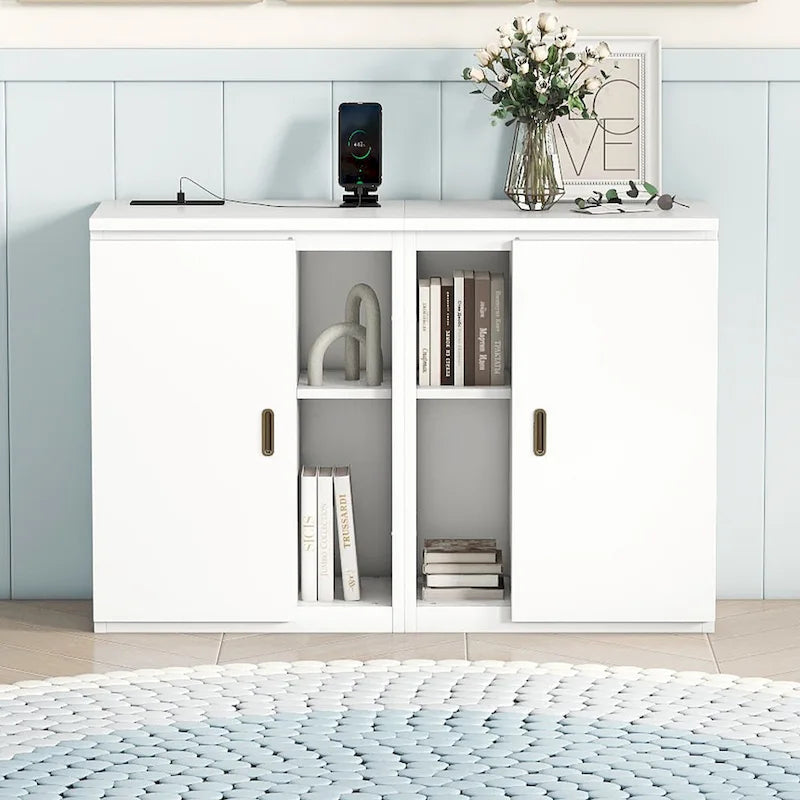 White Queen Size Murphy Bed with Shelves, Cabinets, USB Ports