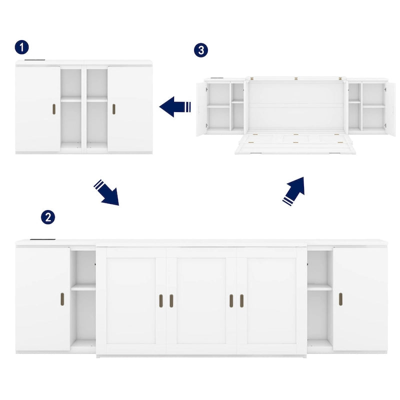 Weißes Murphy-Bett in Queen-Size mit Regalen, Schränken und USB-Anschlüssen