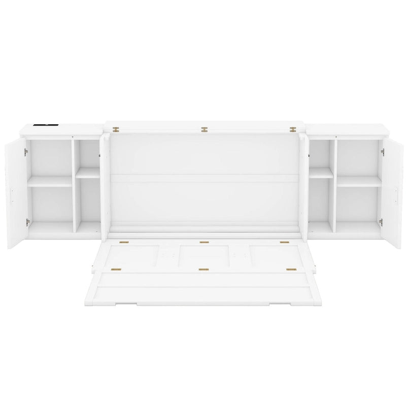 Weißes Murphy-Bett in Queen-Size mit Regalen, Schränken und USB-Anschlüssen