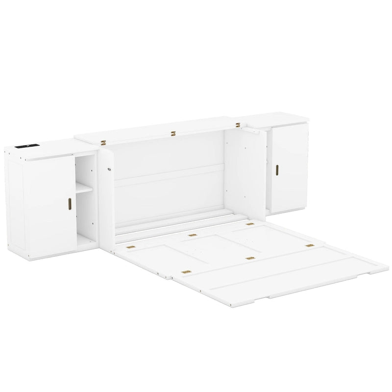 Weißes Murphy-Bett in Queen-Size mit Regalen, Schränken und USB-Anschlüssen