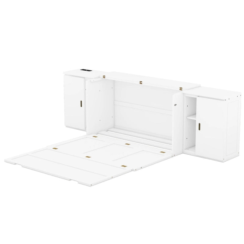 Weißes Murphy-Bett in Queen-Size mit Regalen, Schränken und USB-Anschlüssen