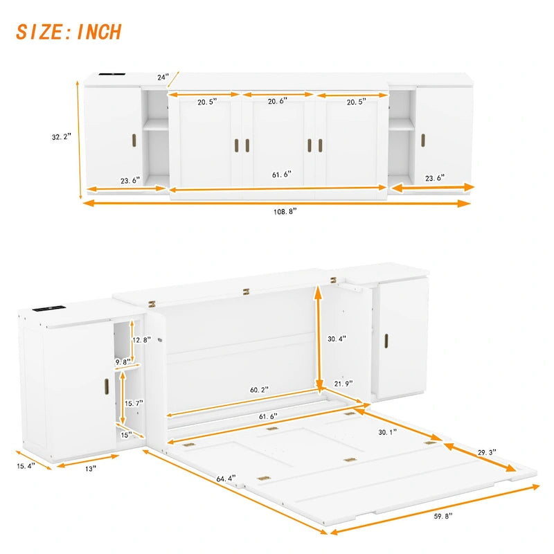 Weißes Murphy-Bett in Queen-Size mit Regalen, Schränken und USB-Anschlüssen