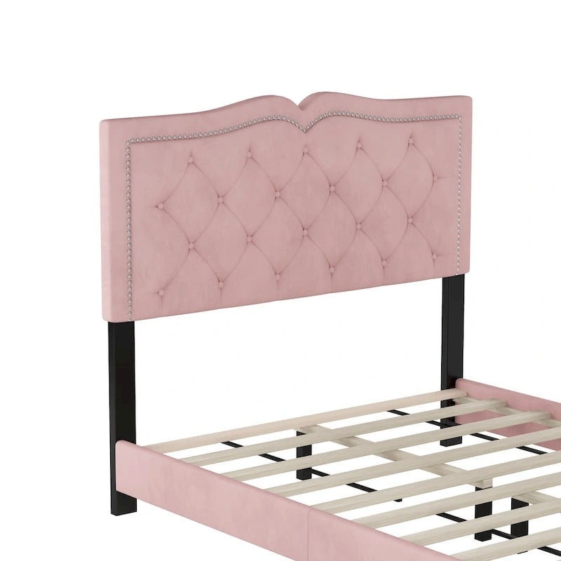 Pink Full Size Modern Velvet Upholstered Platform Bed with Plush Velvet Tufted Headboard for Bedroom