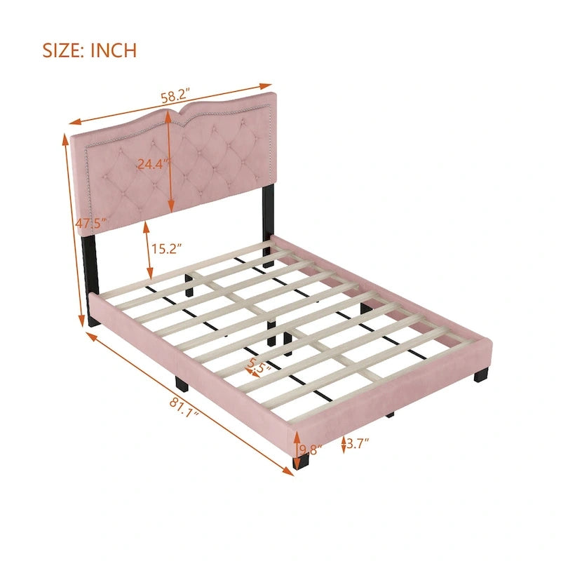 Pink Full Size Modern Velvet Upholstered Platform Bed with Plush Velvet Tufted Headboard for Bedroom
