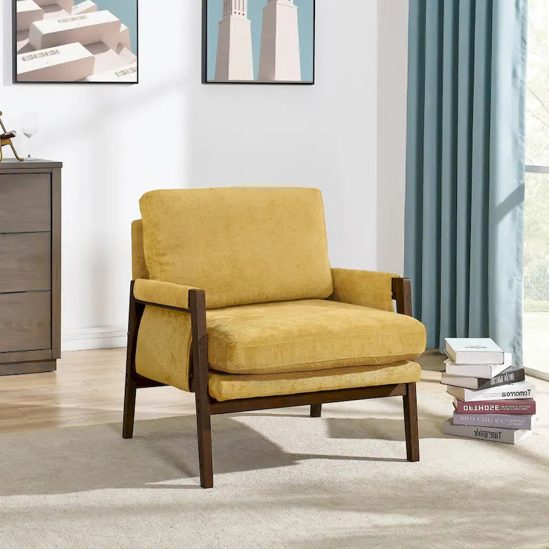 Fauteuil jaune moderne de style mi-siècle 35.4 en velours avec structure en bois d'hévéa massif et pieds rembourrés