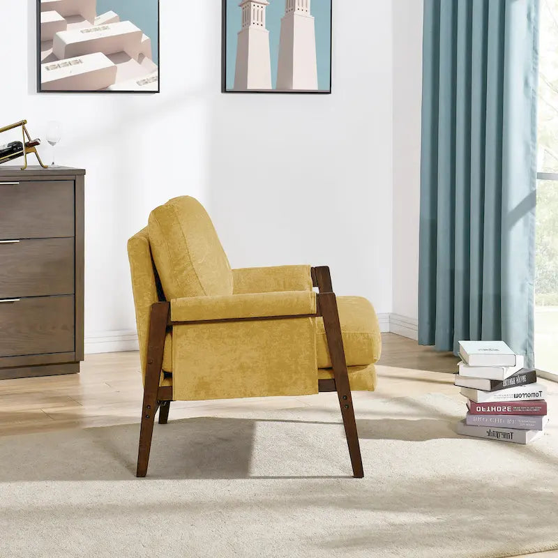 Fauteuil jaune moderne de style mi-siècle 35.4 en velours avec structure en bois d'hévéa massif et pieds rembourrés
