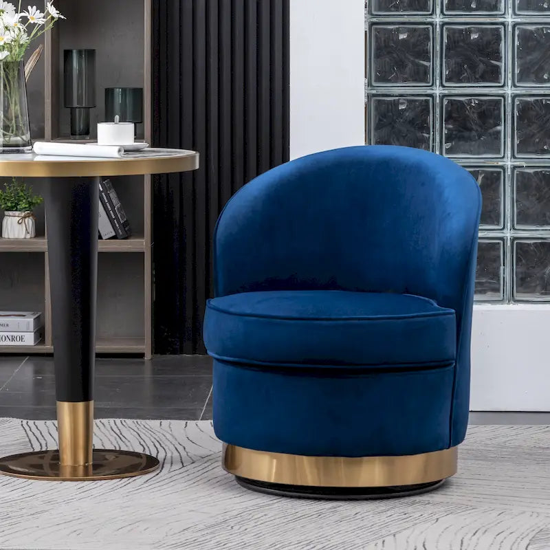 Blauer moderner 22-Zoll-Akzentstuhl mit Samtbezug und rundem, drehbarem Metallfuß für das Wohnzimmer