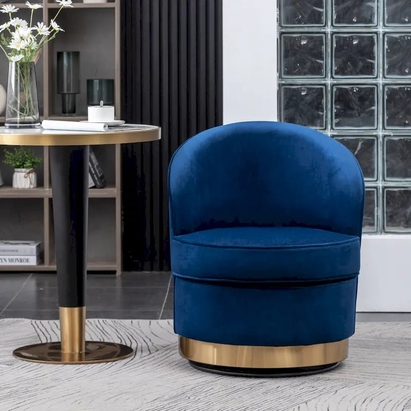 Blauer moderner 22-Zoll-Akzentstuhl mit Samtbezug und rundem, drehbarem Metallfuß für das Wohnzimmer