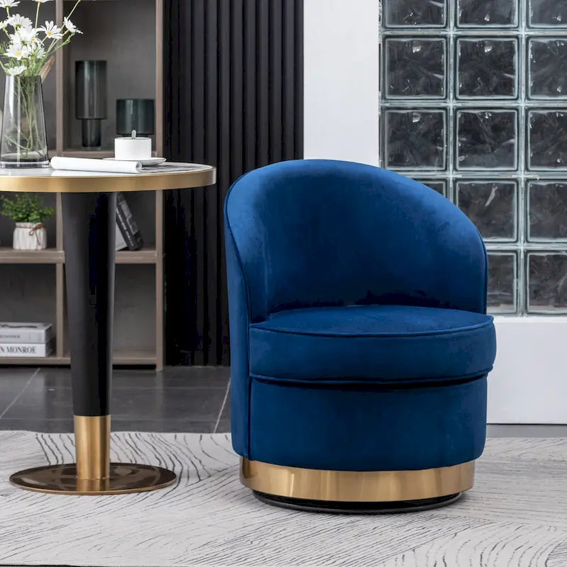 Fauteuil d'appoint moderne bleu 22 en velours rembourré avec base ronde pivotante en métal pour le salon